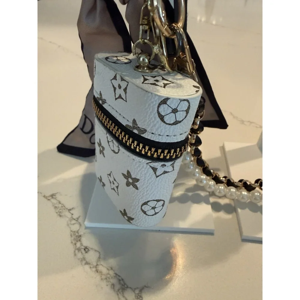 Fashion Bag Charm - White Monogram, Gold Tone Chain, Key, Rhinestone, Detachable